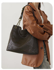 Premium Handwoven Lambskin Tote Bag | Handcrafted Vintage Lock Drawstring Spacious & Versatile Shoulder Bag, Lambskin Shopper