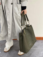 Premium Handwoven Lambskin Tote Bag | Handcrafted Vintage Lock Drawstring Spacious & Versatile Shoulder Bag, Lambskin Shopper