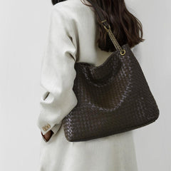 Premium Handwoven Lambskin Tote Bag | Handcrafted Vintage Lock Drawstring Spacious & Versatile Shoulder Bag, Lambskin Shopper