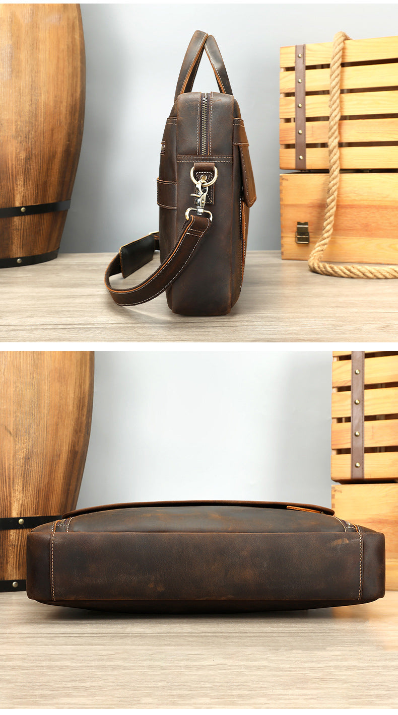 Premium Men's Crazy Horse Cowhide Leather Briefcase | 16-inch Laptop Messenger for Business & Travel