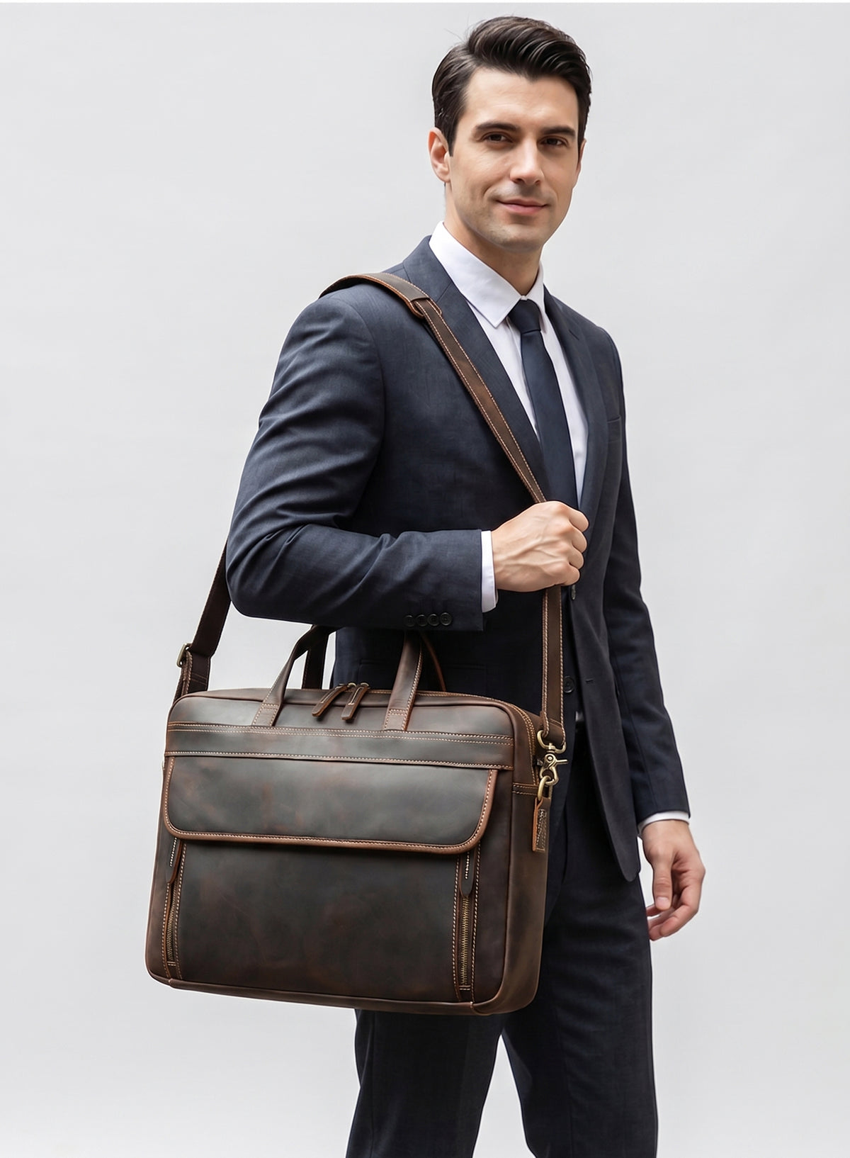 Premium Men's Crazy Horse Cowhide Leather Briefcase | 16-inch Laptop Messenger for Business & Travel