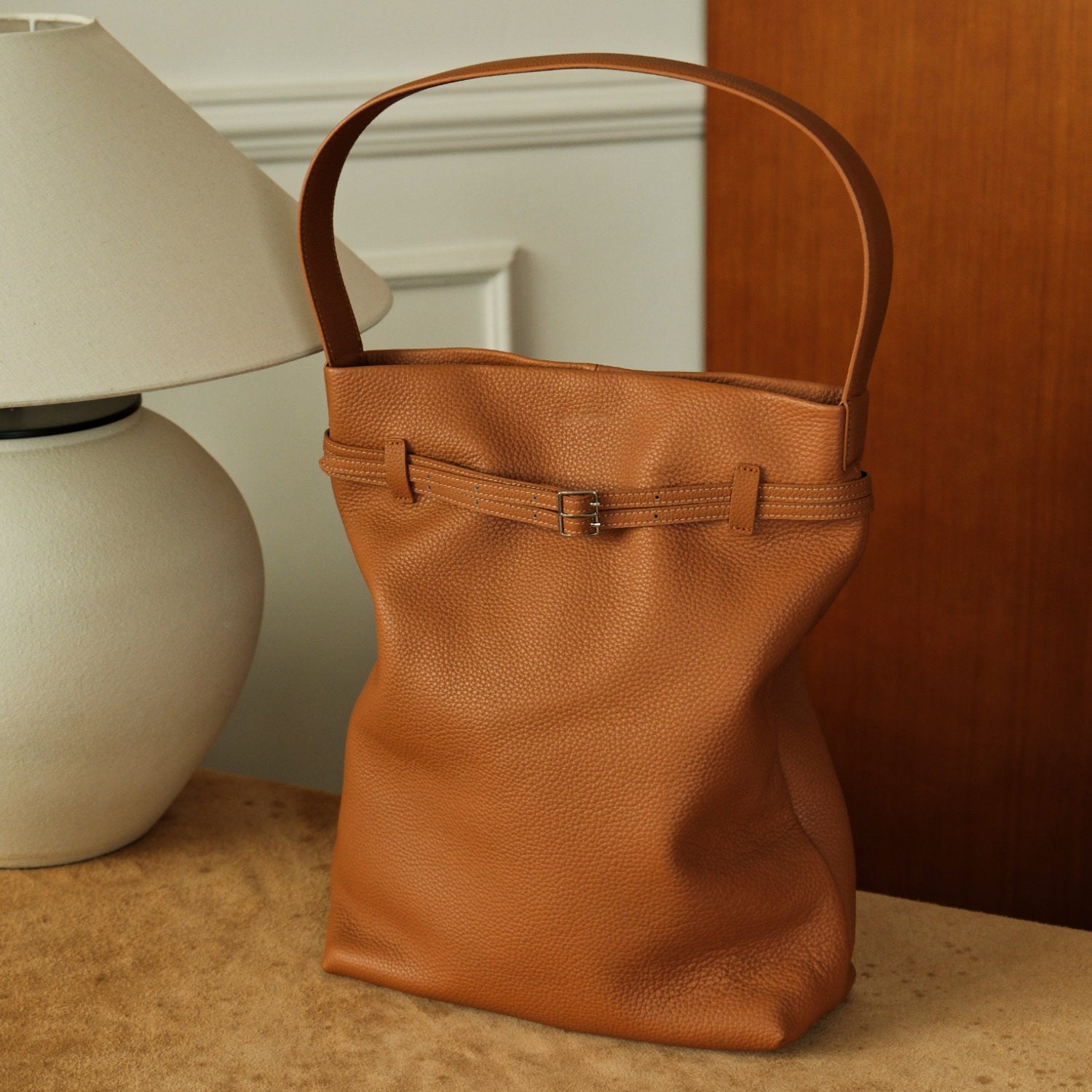 Premium Togo Leather Slouchy Tote Bag | Large Minimalist Bucket Bag | Cowhide Shoulder Bag