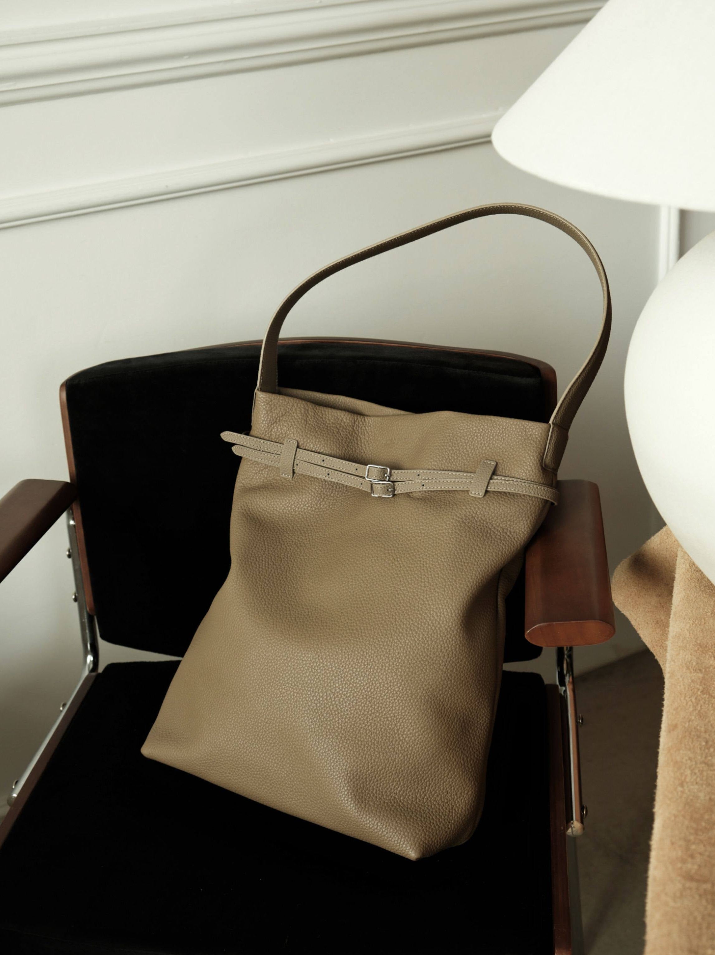 Premium Togo Leather Slouchy Tote Bag | Large Minimalist Bucket Bag | Cowhide Shoulder Bag