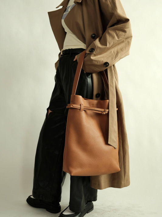 Premium Togo Leather Slouchy Tote Bag | Large Minimalist Bucket Bag | Cowhide Shoulder Bag