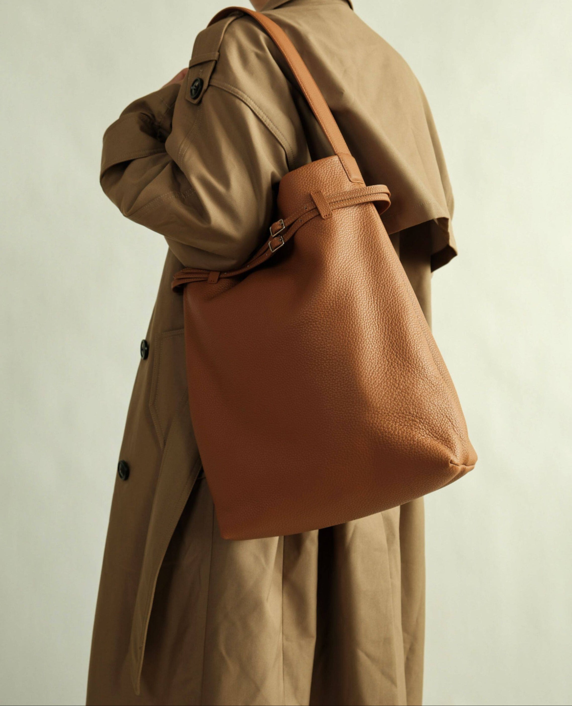 Premium Togo Leather Slouchy Tote Bag | Large Minimalist Bucket Bag | Cowhide Shoulder Bag