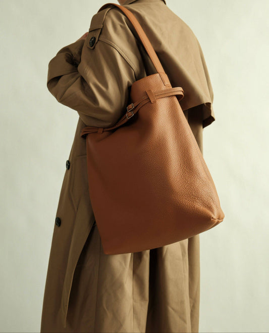 Premium Togo Leather Slouchy Tote Bag | Large Minimalist Bucket Bag | Cowhide Shoulder Bag