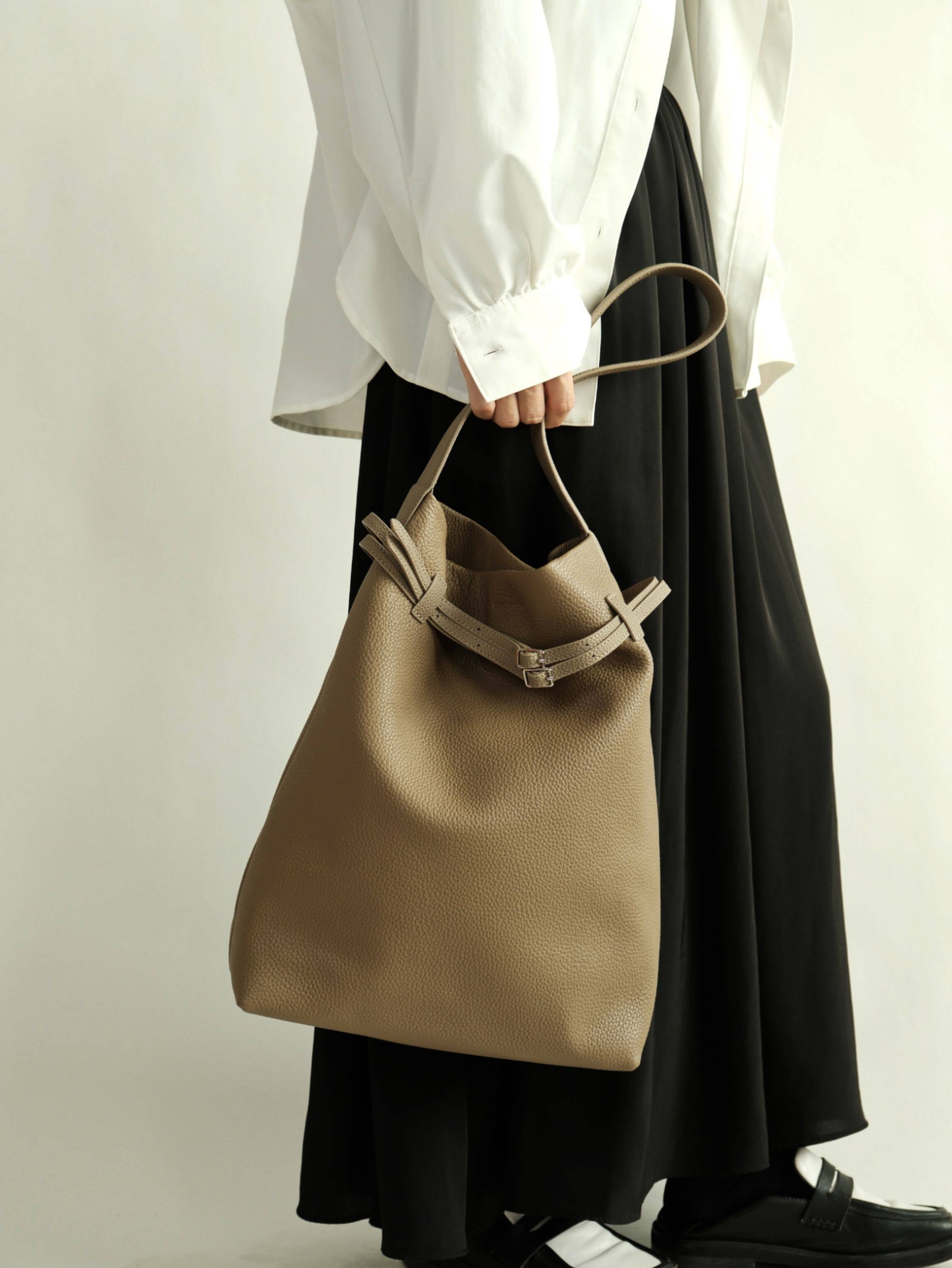 Premium Togo Leather Slouchy Tote Bag | Large Minimalist Bucket Bag | Cowhide Shoulder Bag