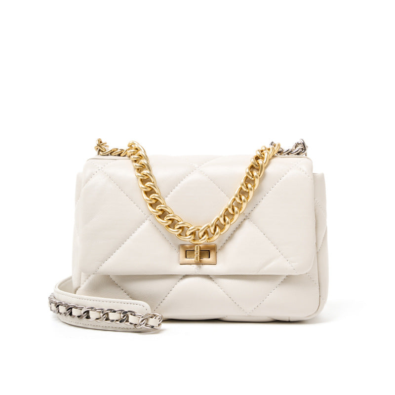 Quilted white genuine leather shoulder bag with gold chain strap and turn-lock clasp