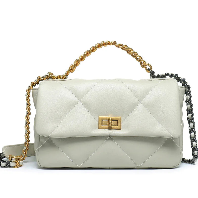 Quilted genuine leather flap shoulder bag with gold chain strap and turn-lock closure