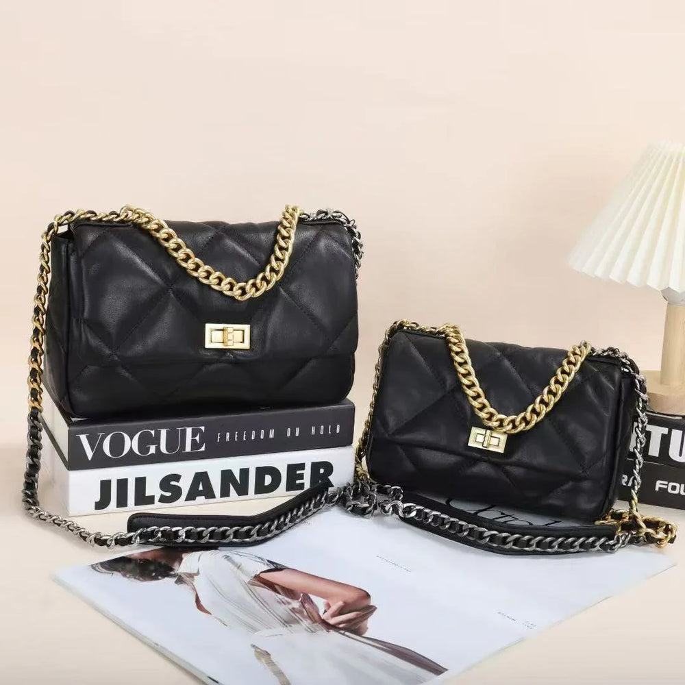 Black quilted leather shoulder bags with gold chain straps and lock closures, styled on magazines.
