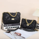 Black quilted leather shoulder bags with gold chain straps and lock closures, styled on magazines.