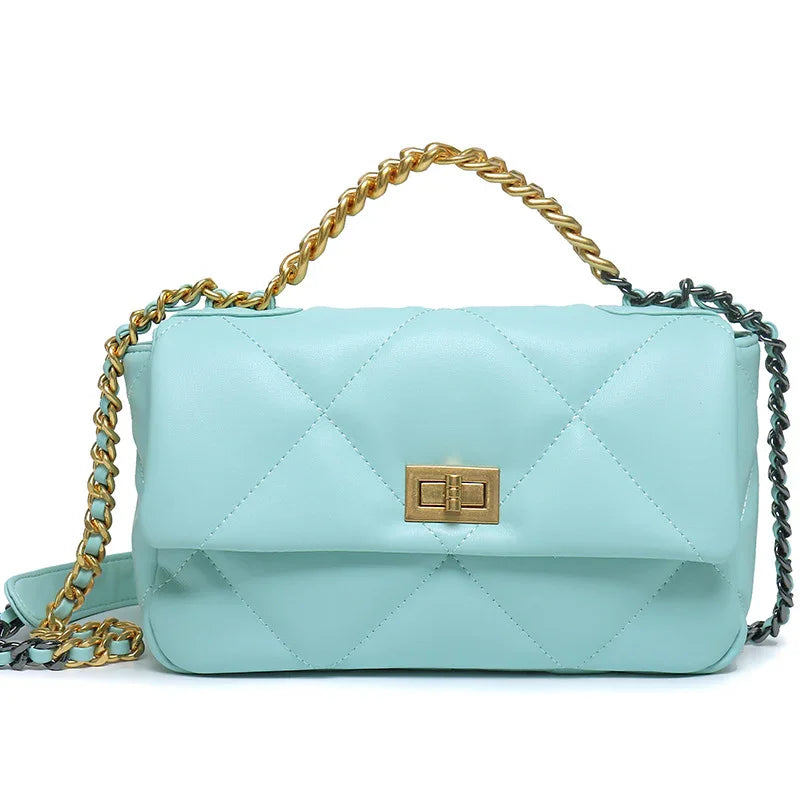 Quilted light blue genuine leather shoulder bag with gold chain strap and turn-lock clasp