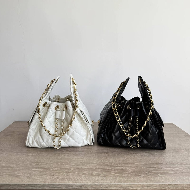 Quilted Diamond Leather Drawstring Hobo Bag – Gold Chain Strap | Lambskin & Cowhide Shoulder Bag for Women