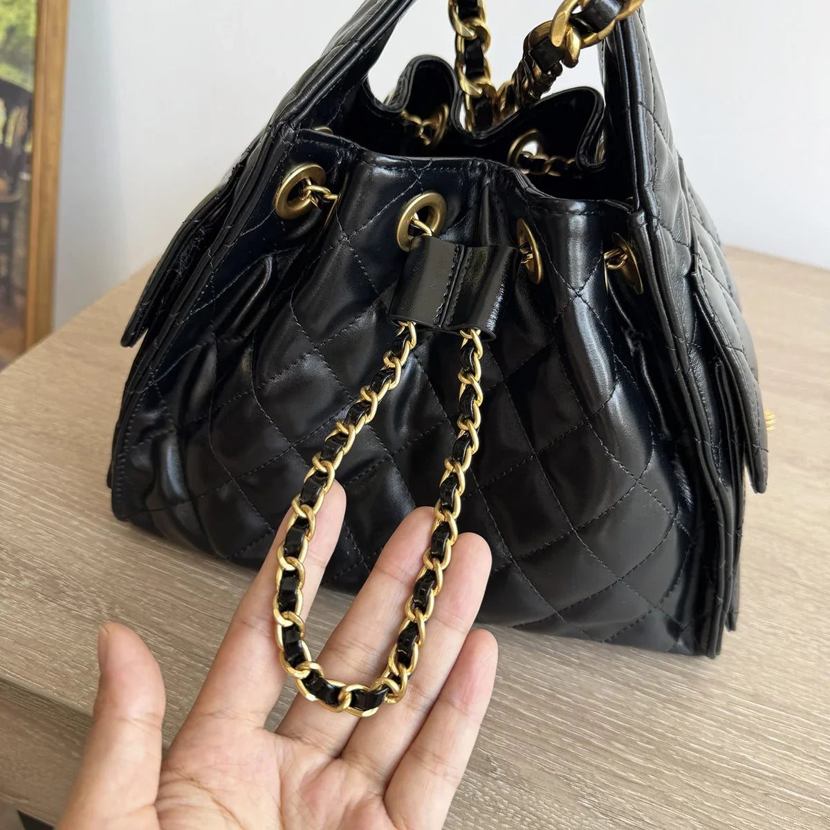 Quilted Diamond Leather Drawstring Hobo Bag – Gold Chain Strap | Lambskin & Cowhide Shoulder Bag for Women