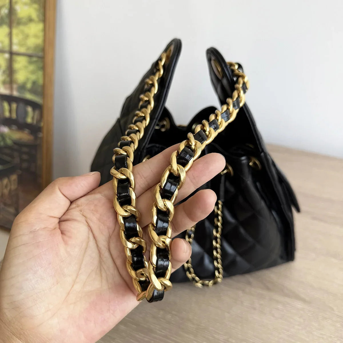 Quilted Diamond Leather Drawstring Hobo Bag – Gold Chain Strap | Lambskin & Cowhide Shoulder Bag for Women