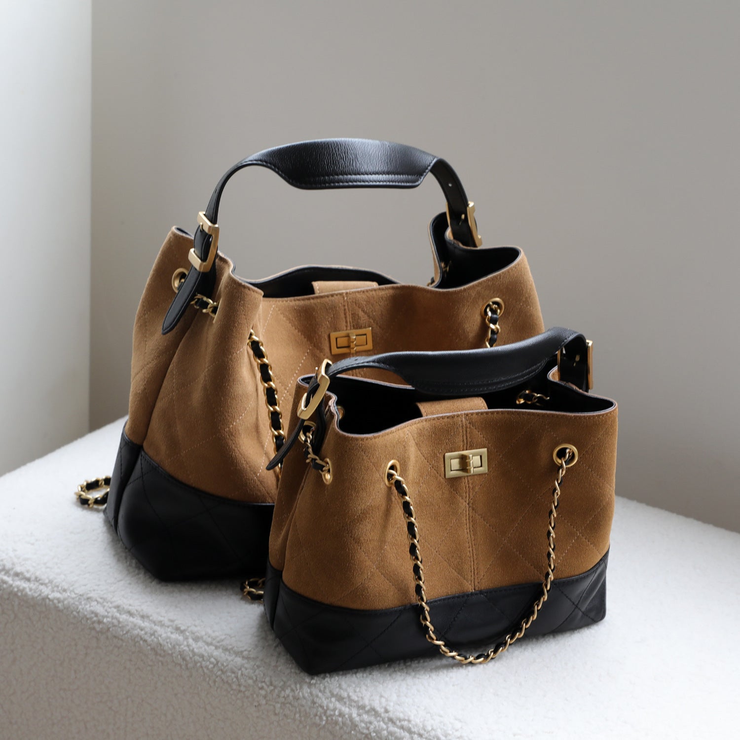 Quilted Lambskin and Suede Leather Chain Tote Bag | Women's Vintage Two-Tone Shoulder & Crossbody Bag
