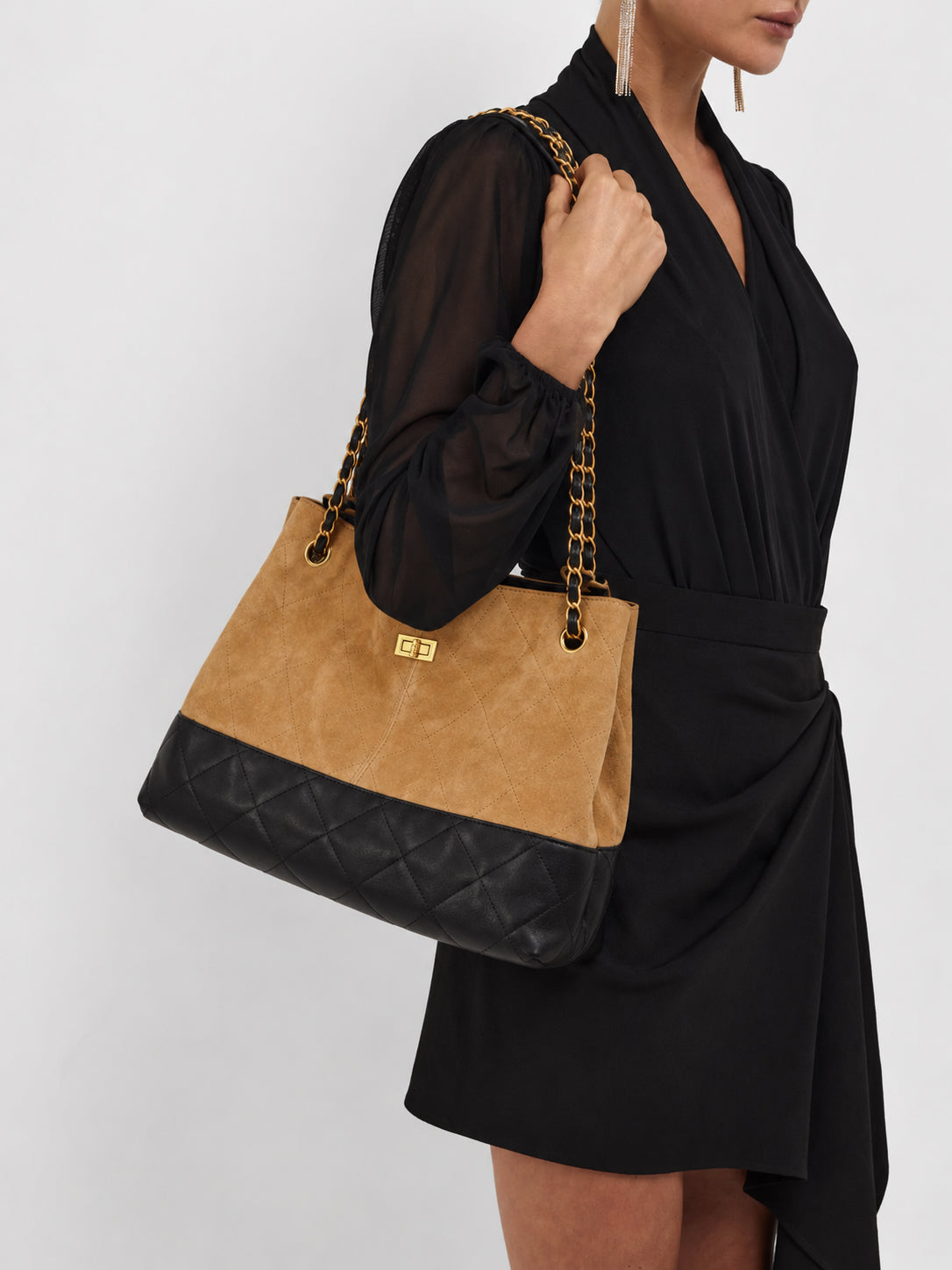 Quilted Lambskin and Suede Leather Chain Tote Bag | Women's Vintage Two-Tone Shoulder & Crossbody Bag