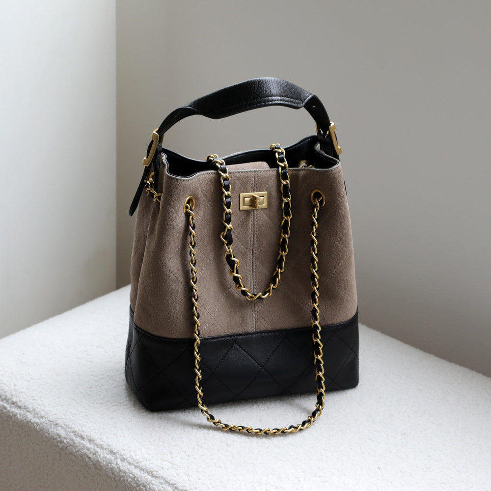 Quilted Lambskin and Suede Leather Chain Tote Bag | Women's Vintage Two-Tone Shoulder & Crossbody Bag