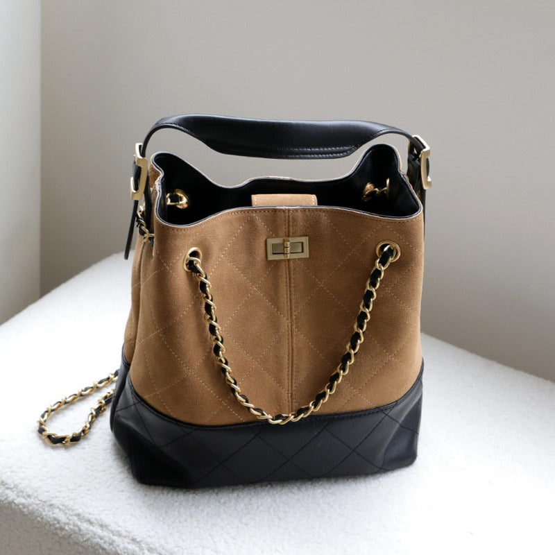 Quilted Lambskin and Suede Leather Chain Tote Bag | Women's Vintage Two-Tone Shoulder & Crossbody Bag