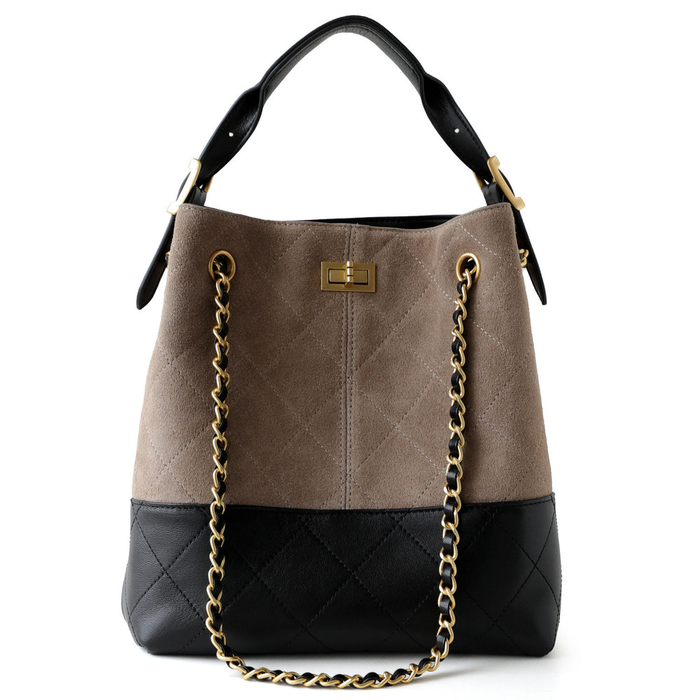 Quilted Lambskin and Suede Leather Chain Tote Bag | Women's Vintage Two-Tone Shoulder & Crossbody Bag
