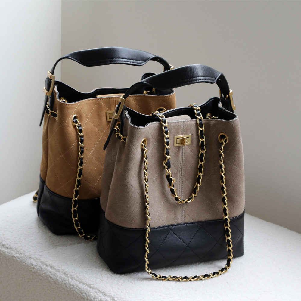 Quilted Lambskin and Suede Leather Chain Tote Bag | Women's Vintage Two-Tone Shoulder & Crossbody Bag