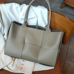Quilted Large Leather Tote Bag, Minimalist Top Handle Bag, Elegant Convertible Shoulder Bag, Classic Style Soft Leather Work Bag