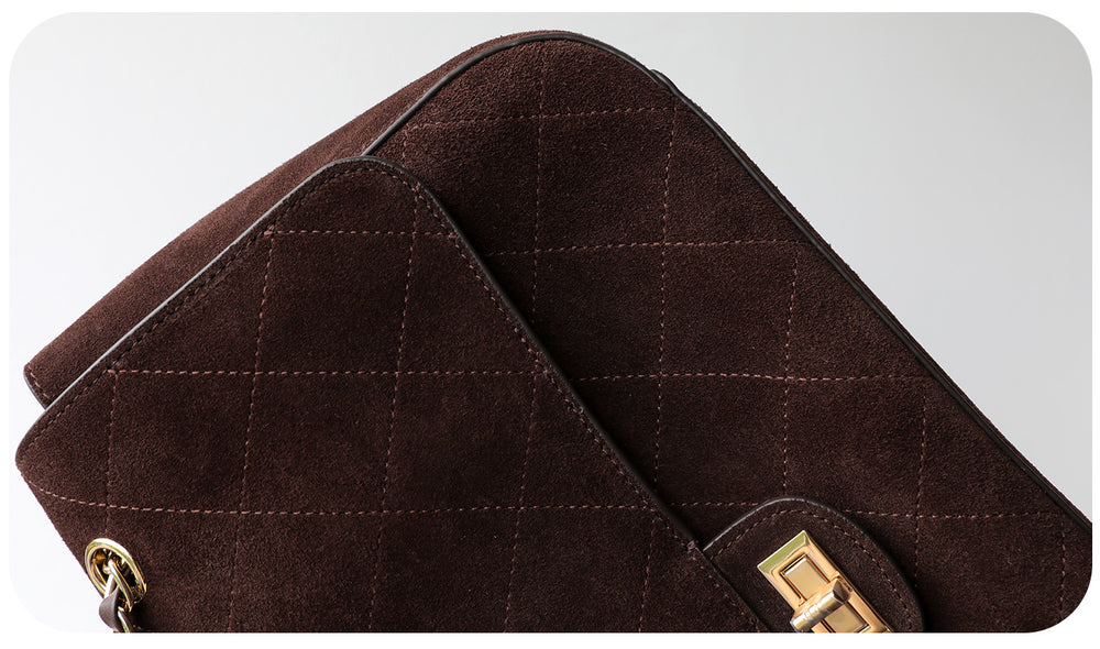 Quilted Suede Chain Flap Bag for Women | Vintage Matte Cowhide Shoulder & Crossbody Messenger Purse | Diamond-Quilted Autumn Winter Bag in Four Sizes