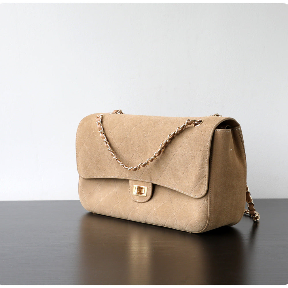 Quilted Suede Chain Flap Bag for Women | Vintage Matte Cowhide Shoulder & Crossbody Messenger Purse | Diamond-Quilted Autumn Winter Bag in Four Sizes