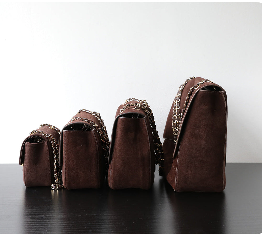 Quilted Suede Chain Flap Bag for Women | Vintage Matte Cowhide Shoulder & Crossbody Messenger Purse | Diamond-Quilted Autumn Winter Bag in Four Sizes