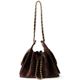 Quilted Suede Lambskin Drawstring Bucket Bag – Gold Chain Shoulder Bag | Diamond Quilt with Side Flap Pockets & Turn-Lock Clasp