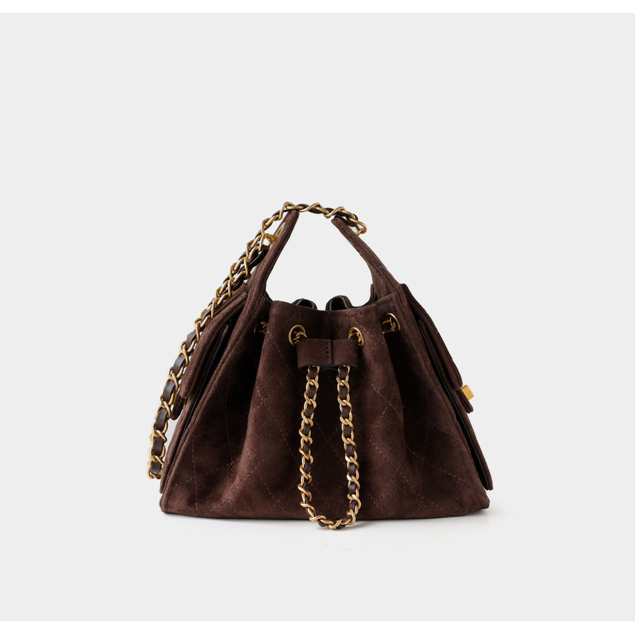 Quilted Suede Lambskin Drawstring Bucket Bag – Gold Chain Shoulder Bag | Diamond Quilt with Side Flap Pockets & Turn-Lock Clasp