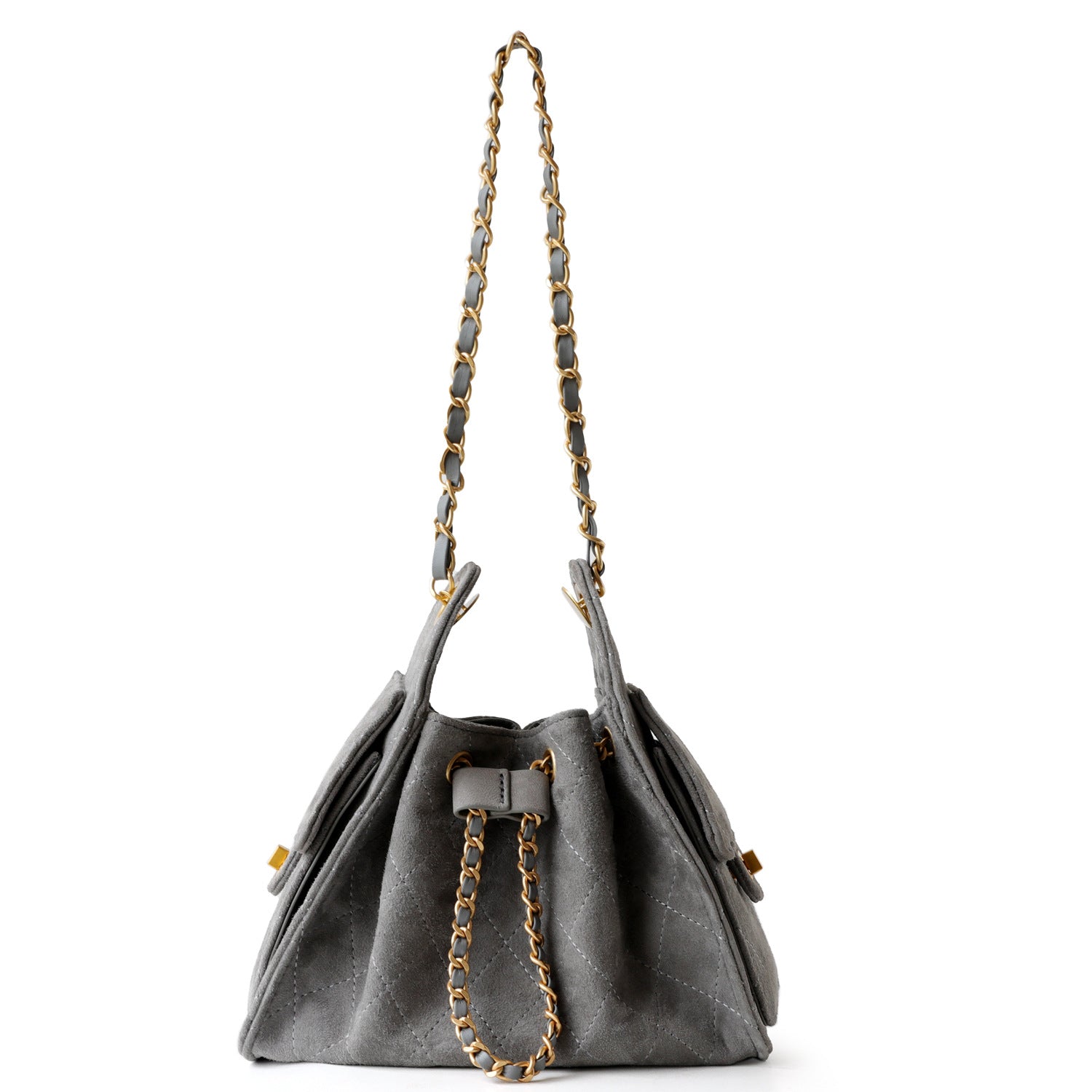 Quilted Suede Lambskin Drawstring Bucket Bag – Gold Chain Shoulder Bag | Diamond Quilt with Side Flap Pockets & Turn-Lock Clasp