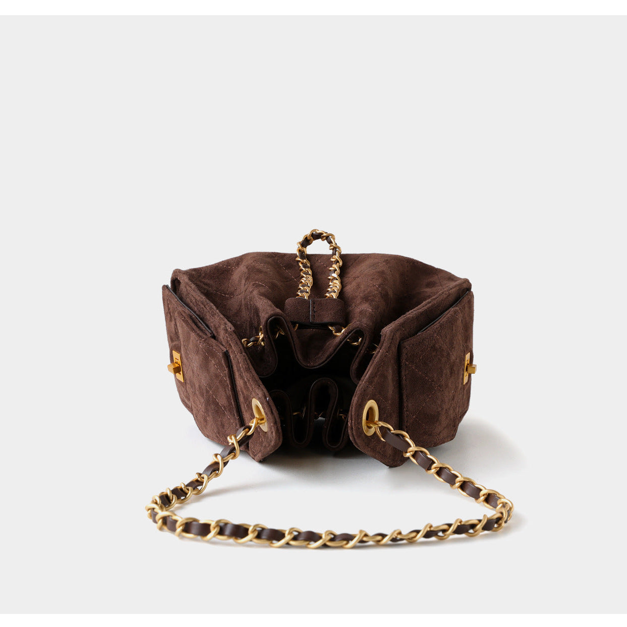 Quilted Suede Lambskin Drawstring Bucket Bag – Gold Chain Shoulder Bag | Diamond Quilt with Side Flap Pockets & Turn-Lock Clasp