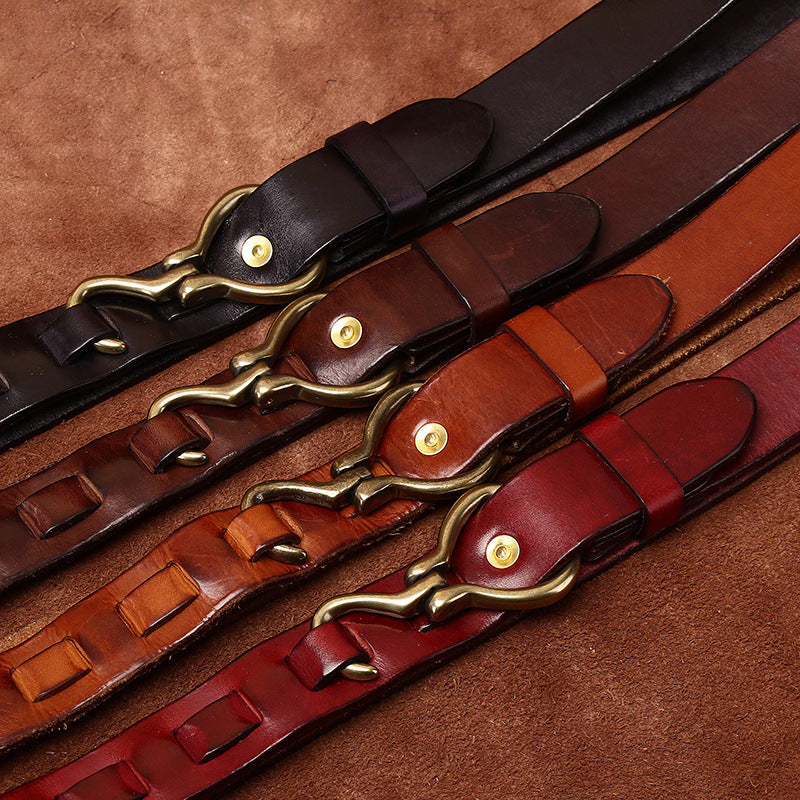 Retro Hanmade Italian Full Grain Leather Belt | Unisex Solid Brass Hook Buckle Waistband For Men & Women, Vintage Workwear Cowhide Leather Belt