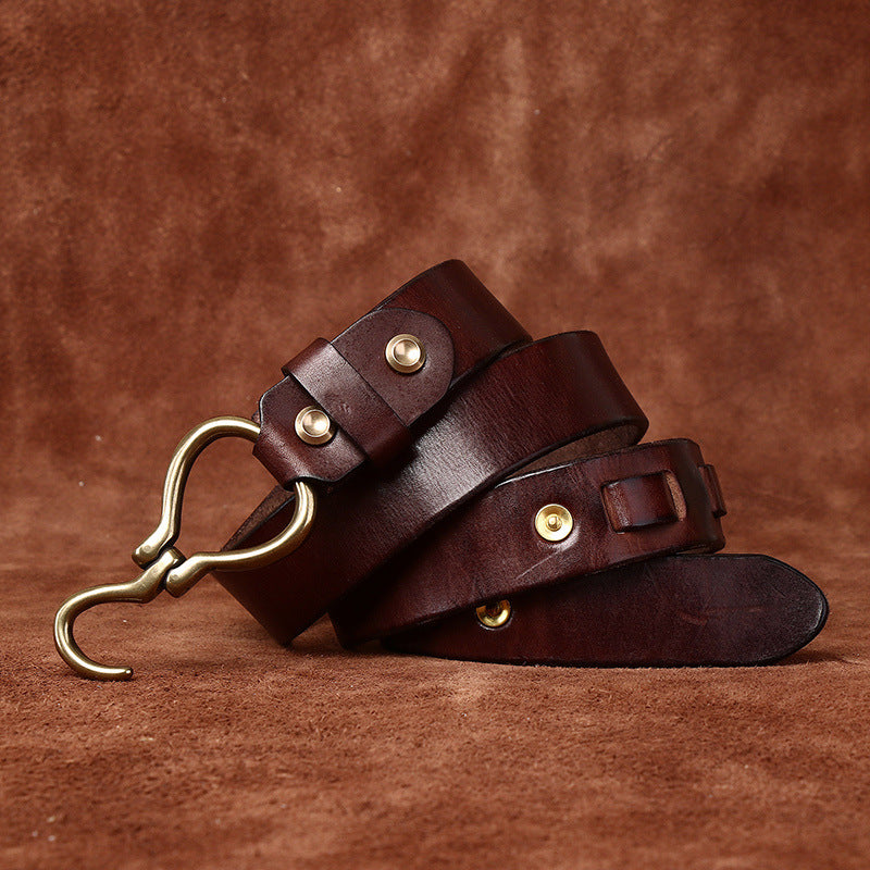 Retro Hanmade Italian Full Grain Leather Belt | Unisex Solid Brass Hook Buckle Waistband For Men & Women, Vintage Workwear Cowhide Leather Belt