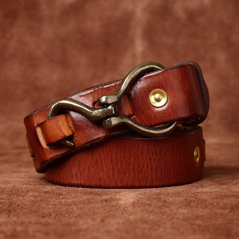Retro Hanmade Italian Full Grain Leather Belt | Unisex Solid Brass Hook Buckle Waistband For Men & Women, Vintage Workwear Cowhide Leather Belt