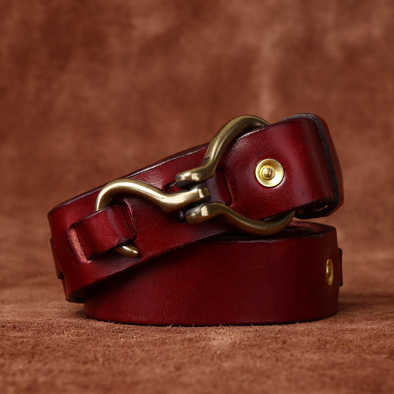 Retro Hanmade Italian Full Grain Leather Belt | Unisex Solid Brass Hook Buckle Waistband For Men & Women, Vintage Workwear Cowhide Leather Belt