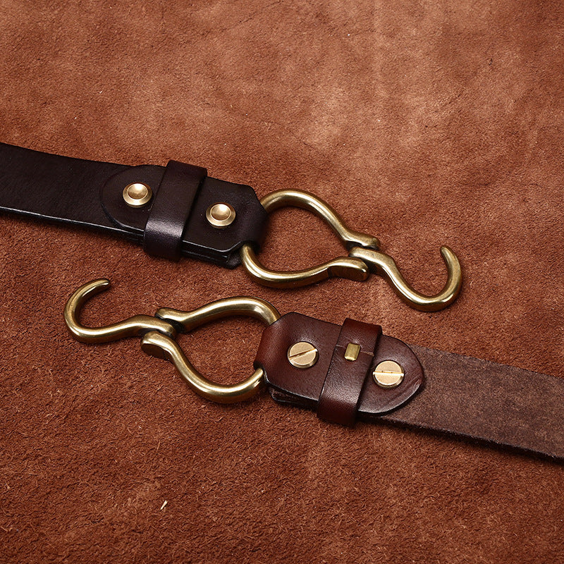 Retro Hanmade Italian Full Grain Leather Belt | Unisex Solid Brass Hook Buckle Waistband For Men & Women, Vintage Workwear Cowhide Leather Belt