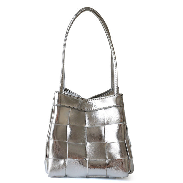 Women's Soft Luxurious Calfskin Leather Handwoven Bucket Shoulder Bag, Crossbody Bag