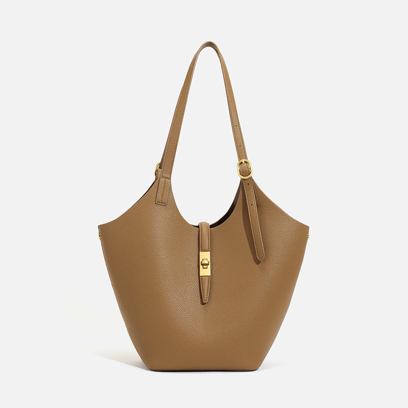 Minimalist Pebbled Leather Tote Bag with Pouch | Large Shoulder Laptop Bucket Bag (2 In 1)