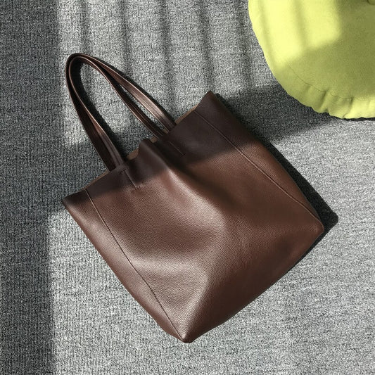 Large Soft Cowhide Leather Tote | Minimalist Oversized Shopper with Removable Inner Pouch