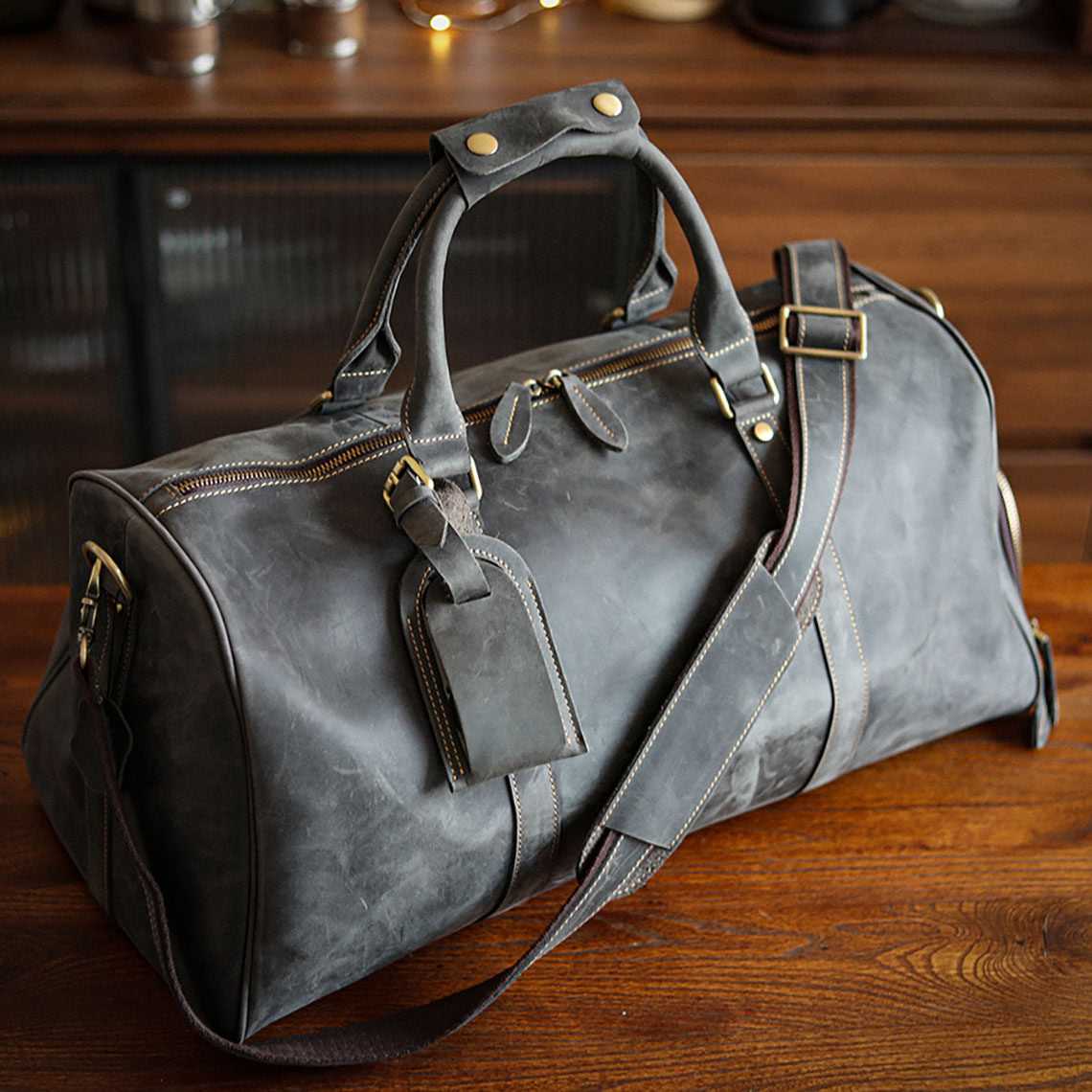 Men’s Full Grain Leather Travel Duffel, Large Crazy Horse Leather Carry-On Bag for Business, Leather Weekender, Camping & Short Trips