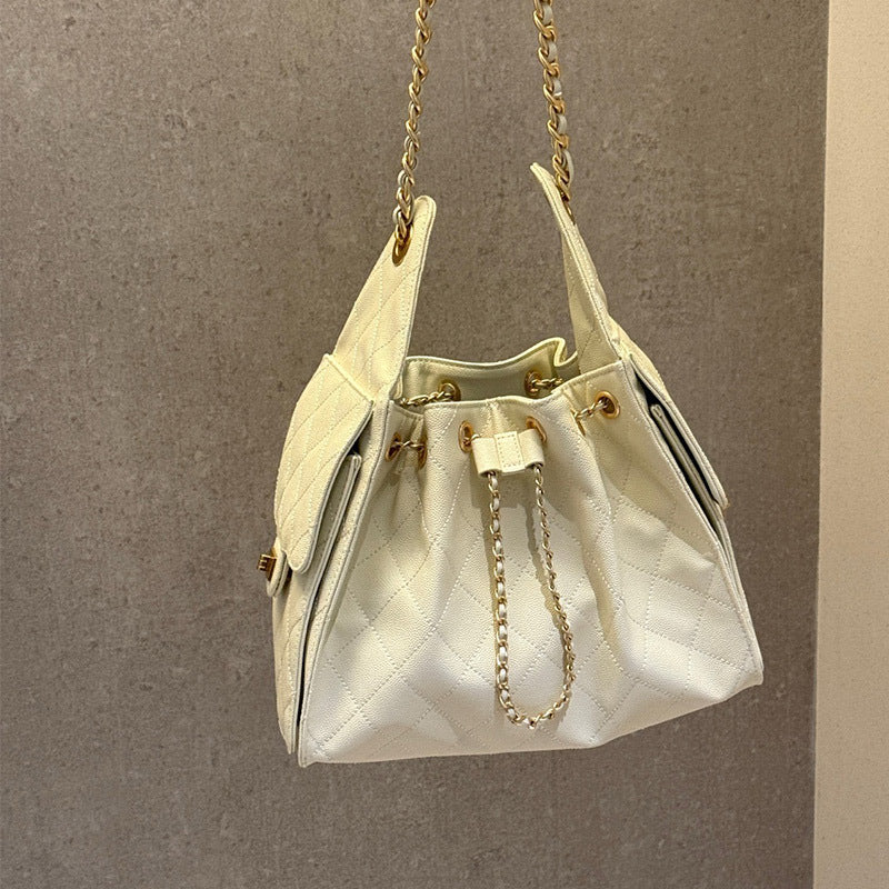 Quilted Diamond Leather Drawstring Hobo Bag – Gold Chain Strap | Lambskin & Cowhide Shoulder Bag for Women