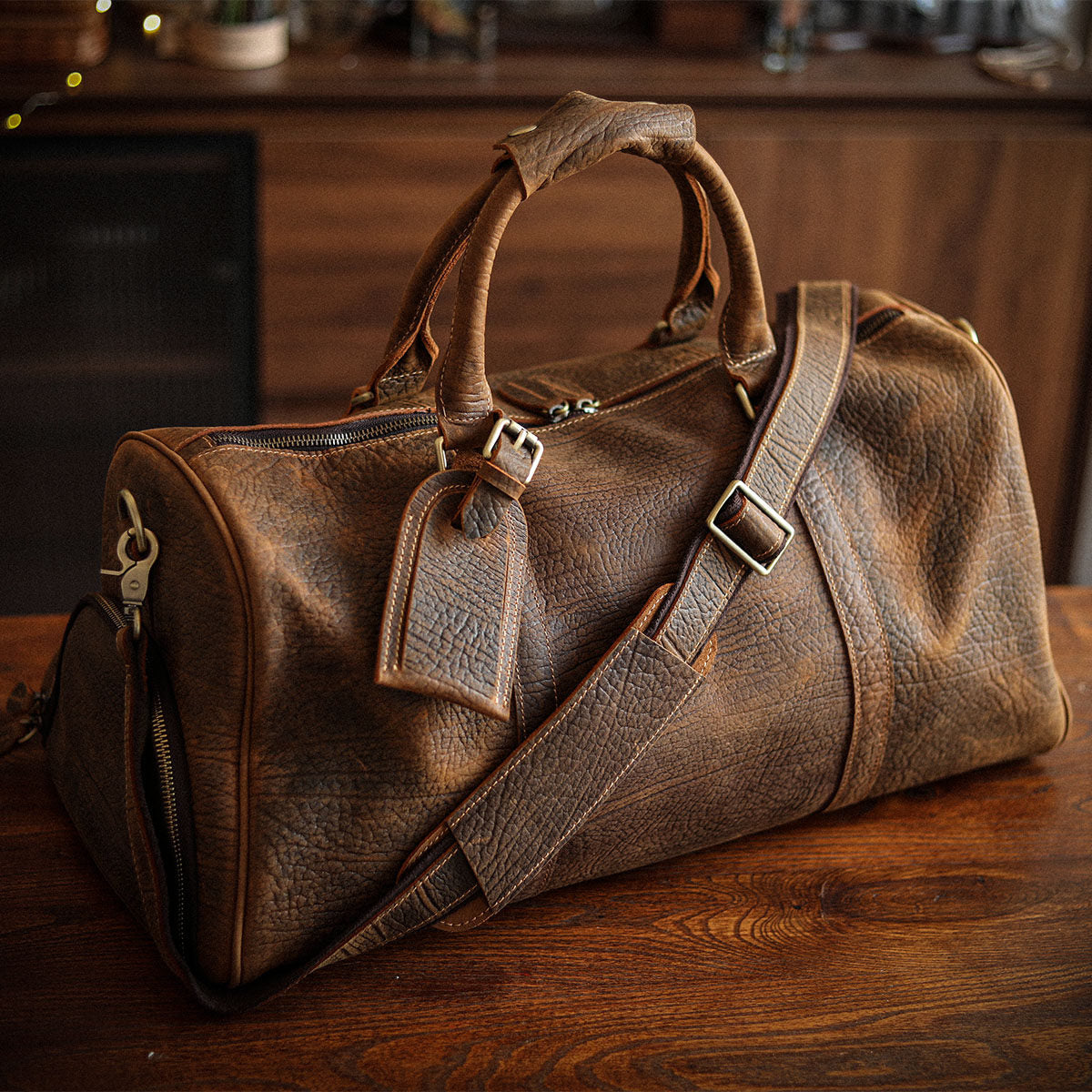 Men’s Full Grain Leather Travel Duffel, Large Crazy Horse Leather Carry-On Bag for Business, Leather Weekender, Camping & Short Trips