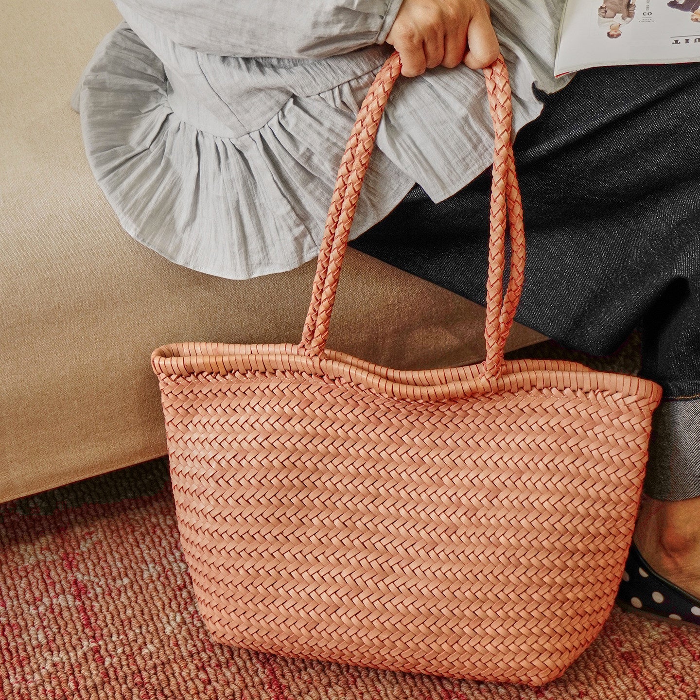 Handwoven Basket Tote Bag | Vegetable-Tanned Italian Cowhide Hand-Carry Bag | Minimalist Summer Commuter Style
