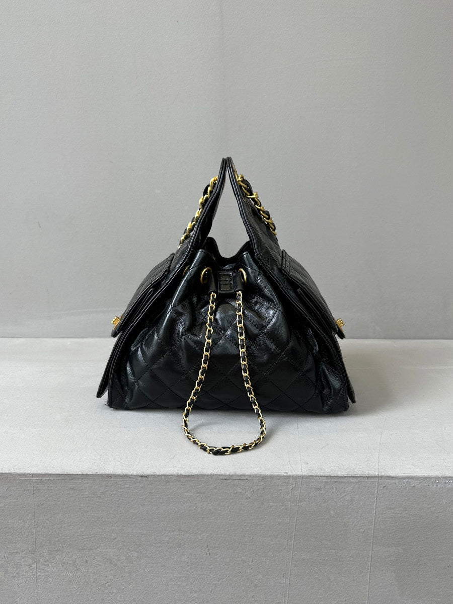 Quilted Diamond Leather Drawstring Hobo Bag – Gold Chain Strap | Lambskin & Cowhide Shoulder Bag for Women