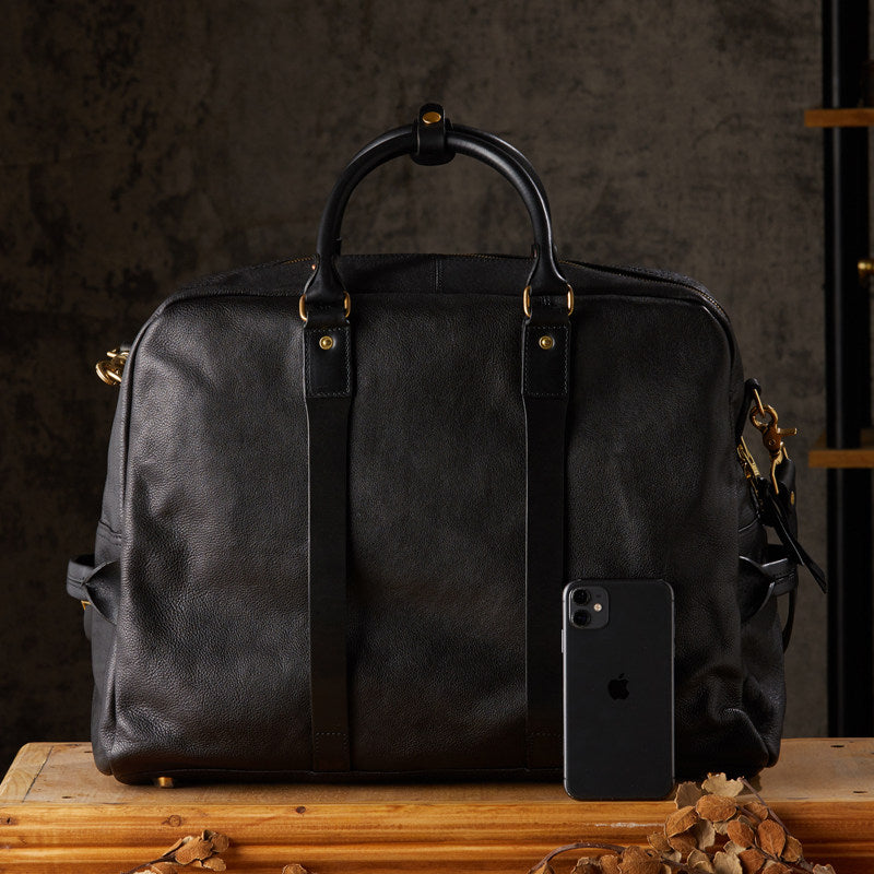 Vegetable Tanned Italian Full Grain Leather Travel Bag | Handcrafted Vintage Minimalist Business Duffel & Shoulder Bag