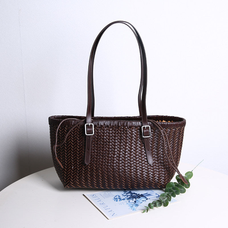Handwoven Cowhide Leather Basket Tote Bag | Women's Shoulder Hobo Bag