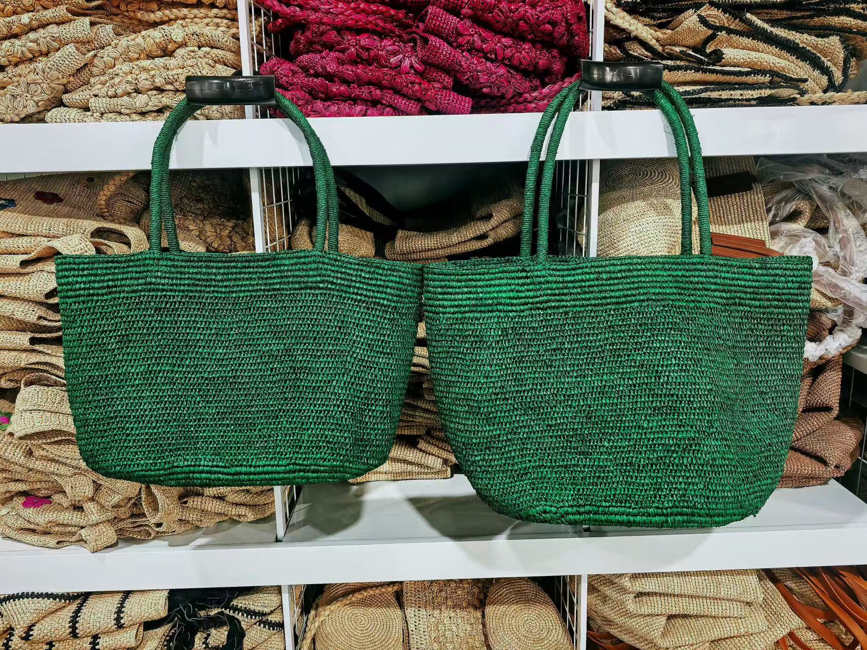 Raffia tote bag SKU shot khaki and grey – handwoven natural straw vacation beach bag