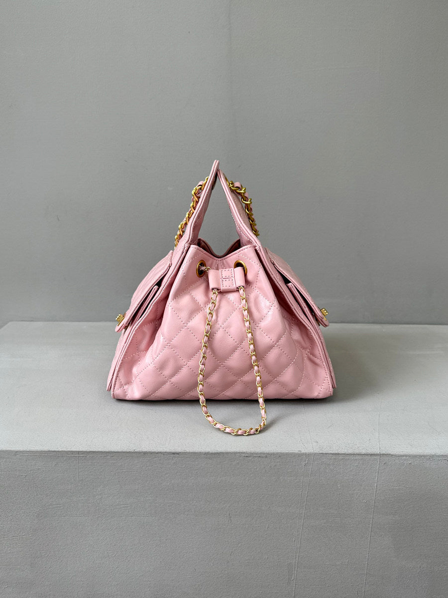 Quilted Diamond Leather Drawstring Hobo Bag – Gold Chain Strap | Lambskin & Cowhide Shoulder Bag for Women